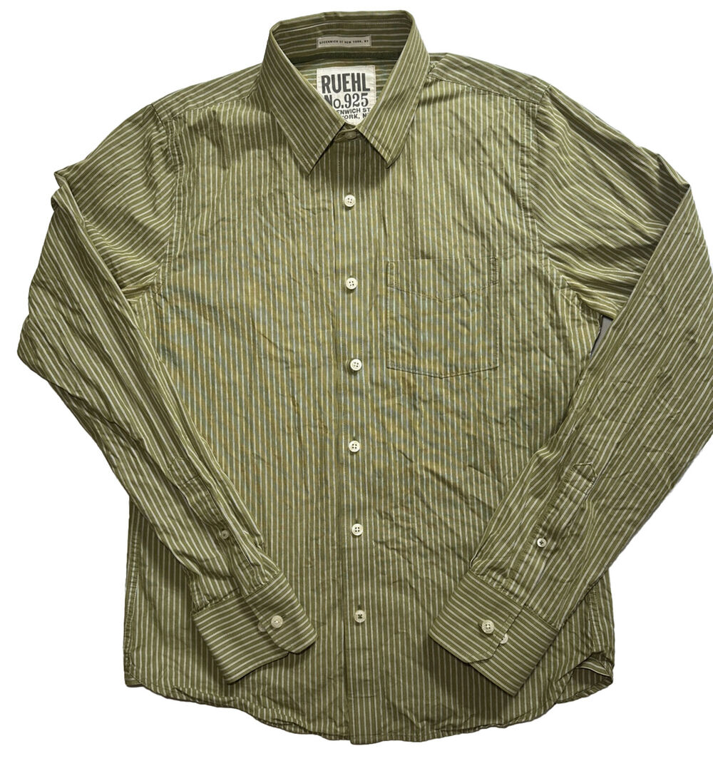 Ruehl No.925 Plaid Button Up Long Sleeve Shirt Mens L Green White Striped
